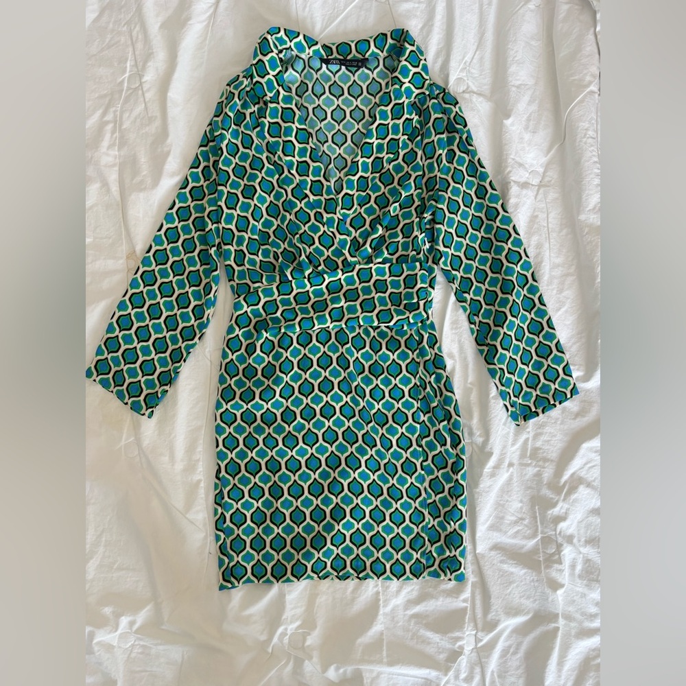 Zara Teal and Black Geometric Long Sleeve Dress